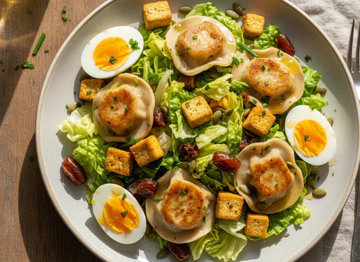 Maultaschen-Salat mit Tofu und Ei photo