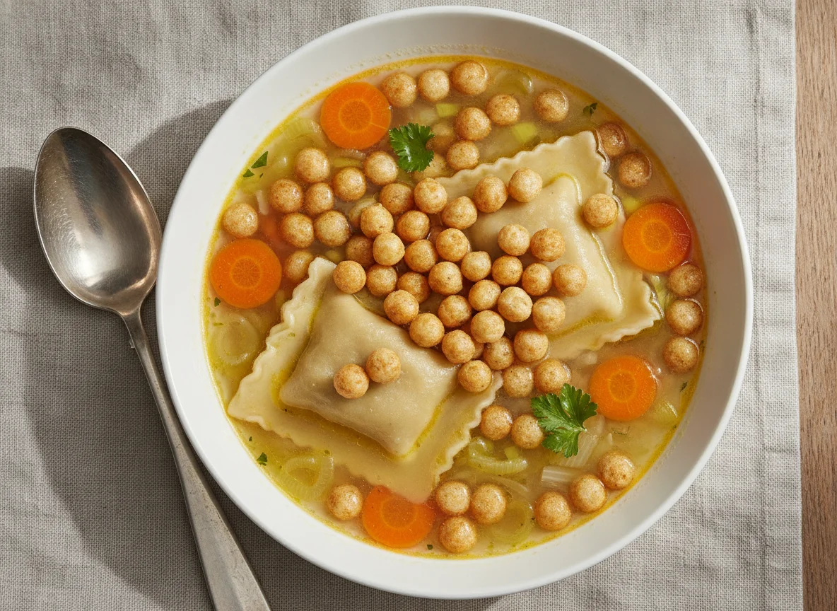 Maultaschensuppe mit Backerbsen photo
