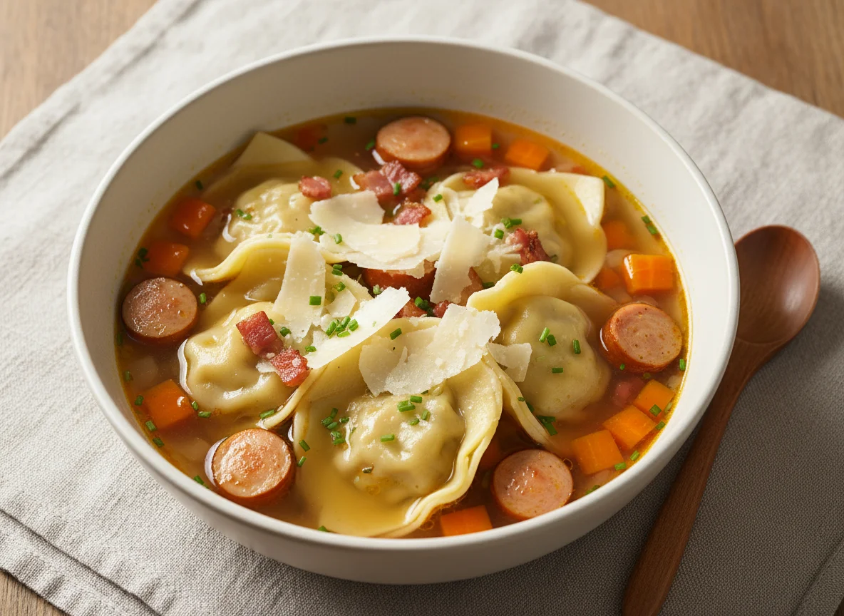 Maultaschensuppe mit Würstchen und Käse photo