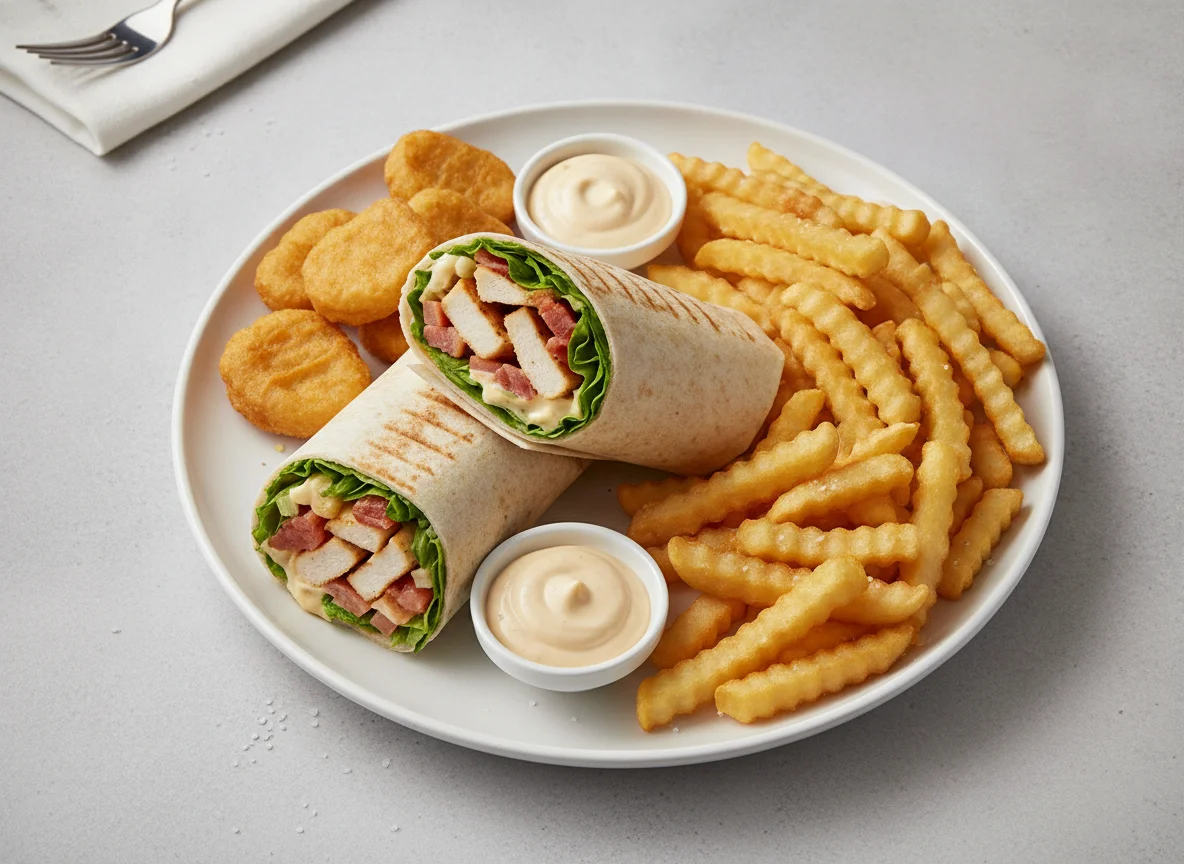 McWrap Caesar Bacon, Chicken McNuggets und Pommes Frites photo