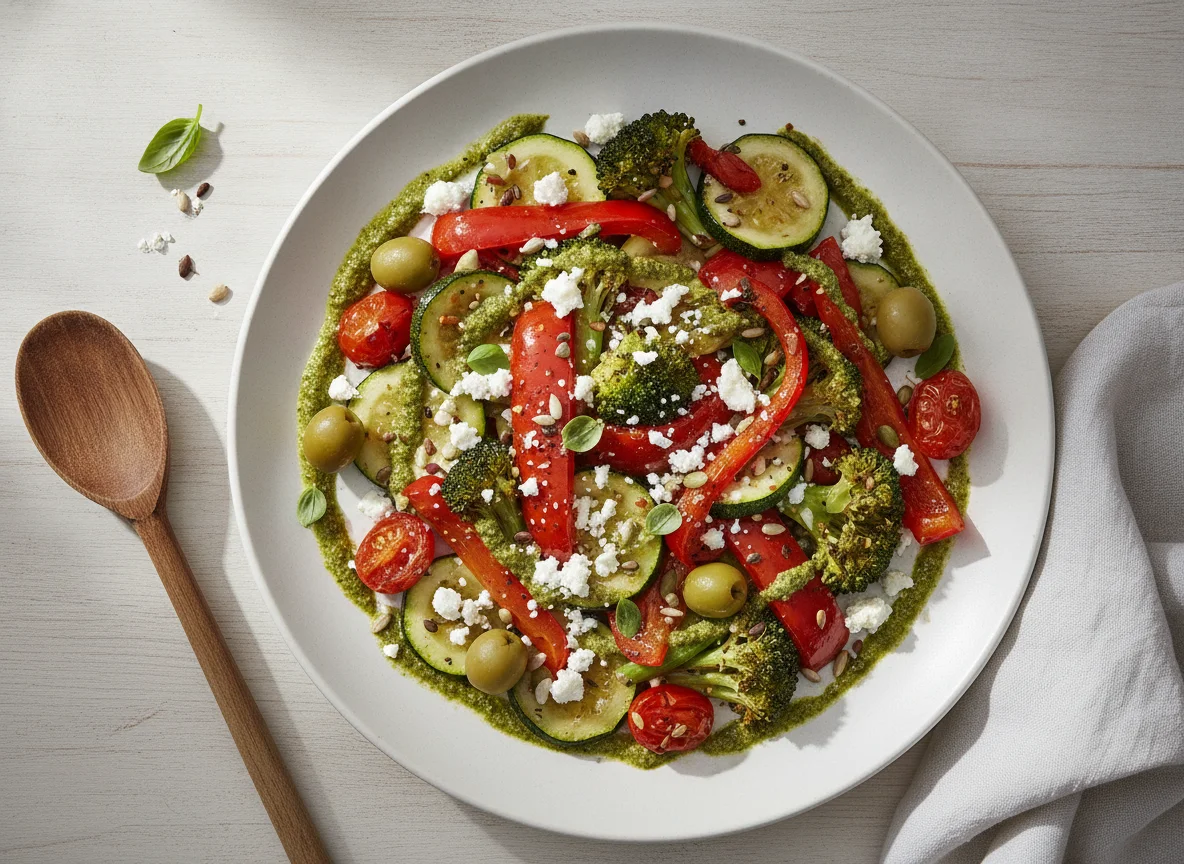 Mediterrane Gemüsepfanne mit Feta und Oliven photo