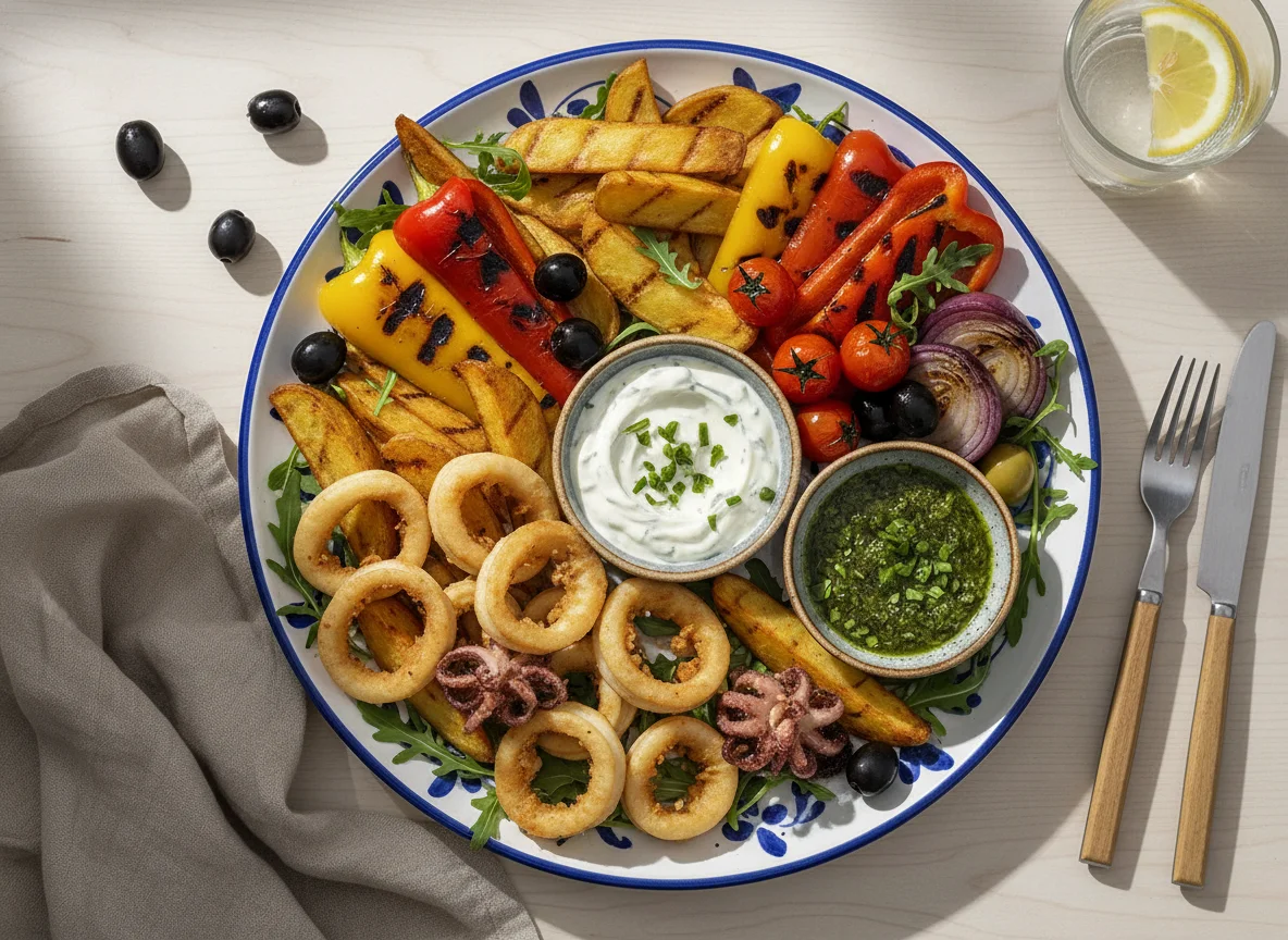 Mediterrane Platte mit Calamari, Pommes und gegrilltem Gemüse photo