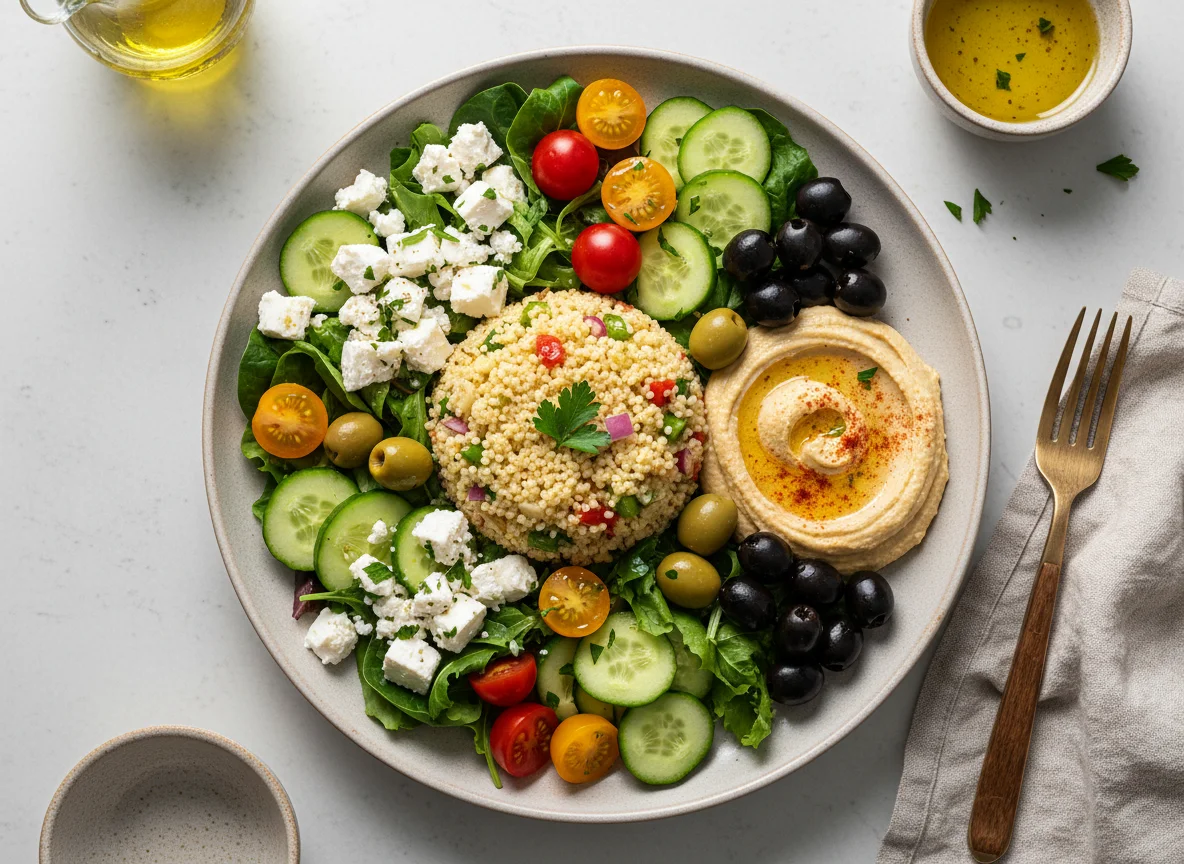 Mediterraner Salat mit Couscous und Hummus photo