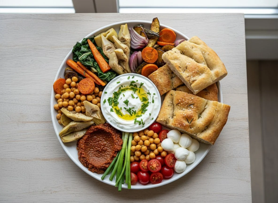 Mediterraner Teller mit Gemüse und Focaccia photo