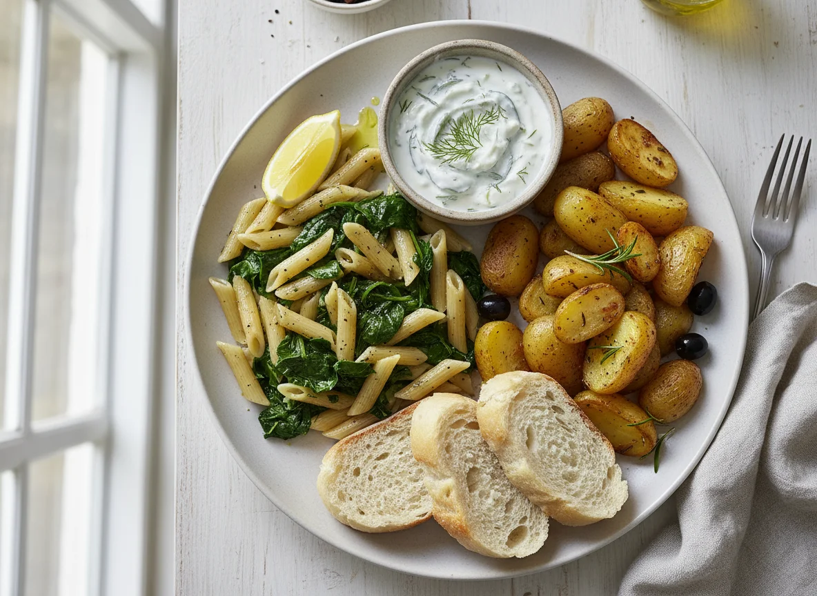Mediterraner Teller mit Pasta, Kartoffeln, Tzatziki und Brot photo