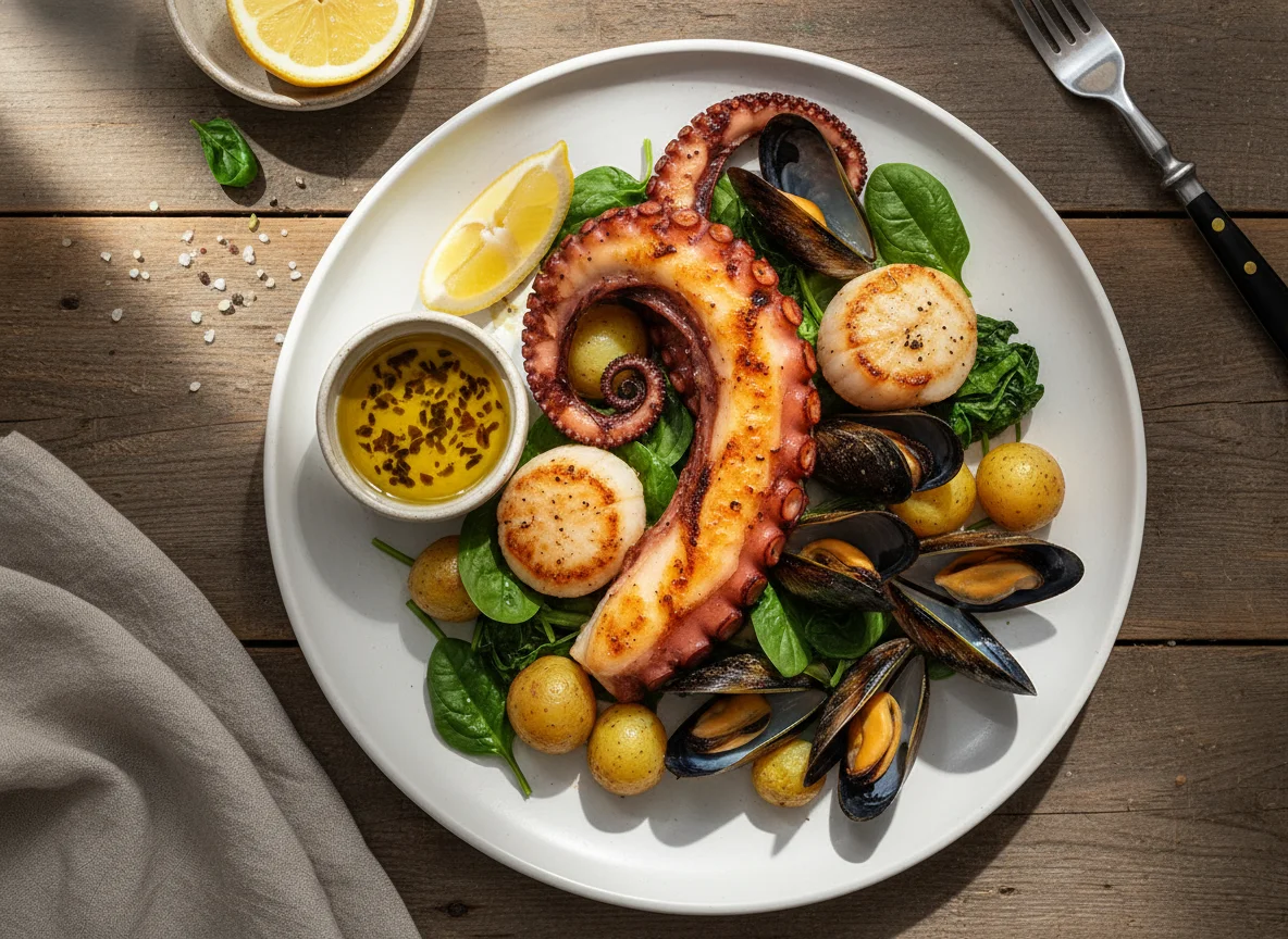 Meeresfrüchteplatte mit Kartoffeln und Spinat photo