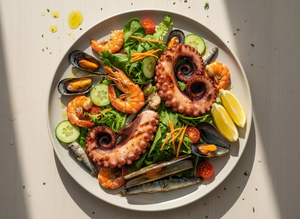 Meeresfrüchteplatte mit Salat photo