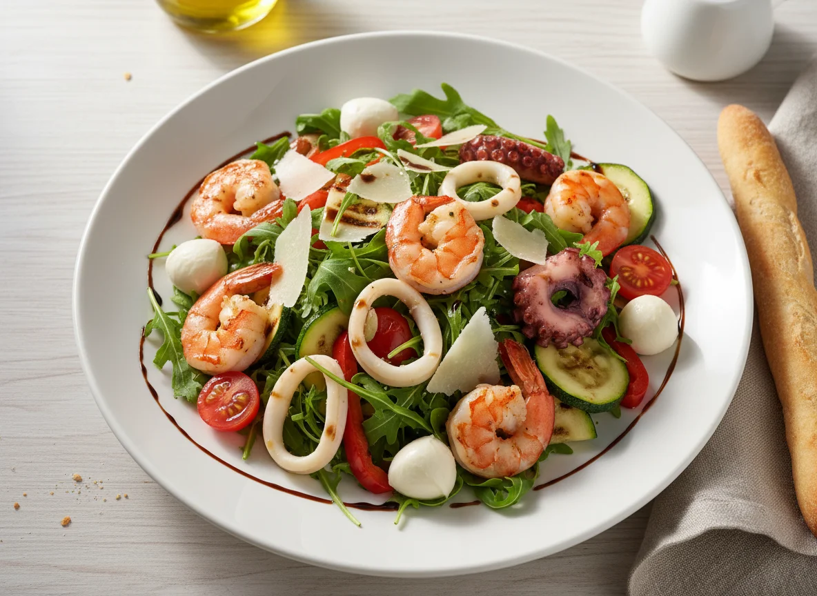 Meeresfrüchte-Salat mit Rucola und Brotstange photo