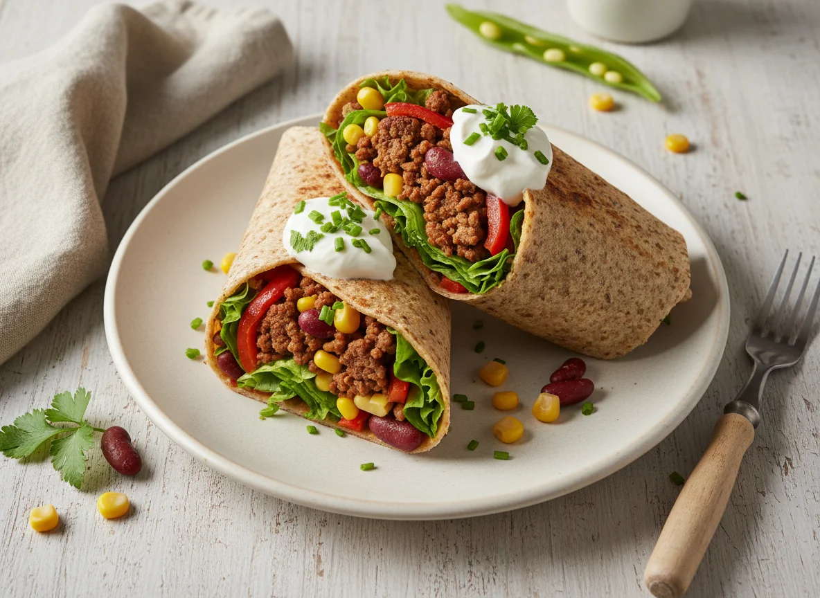 Mehrkorn Wrap mit Hackfleisch und Bohnen photo