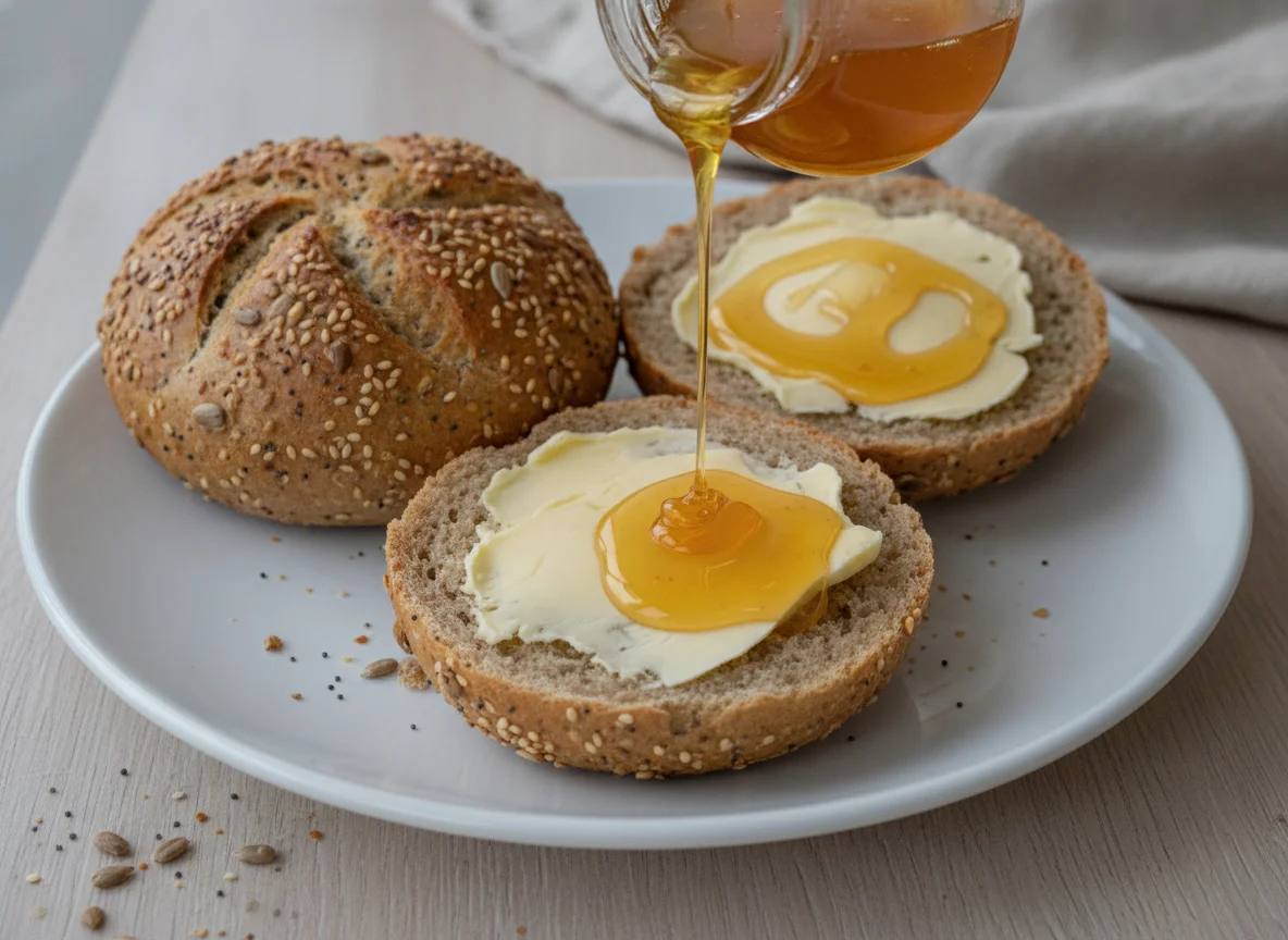 Mehrkornbrötchen mit Butter und Honig photo