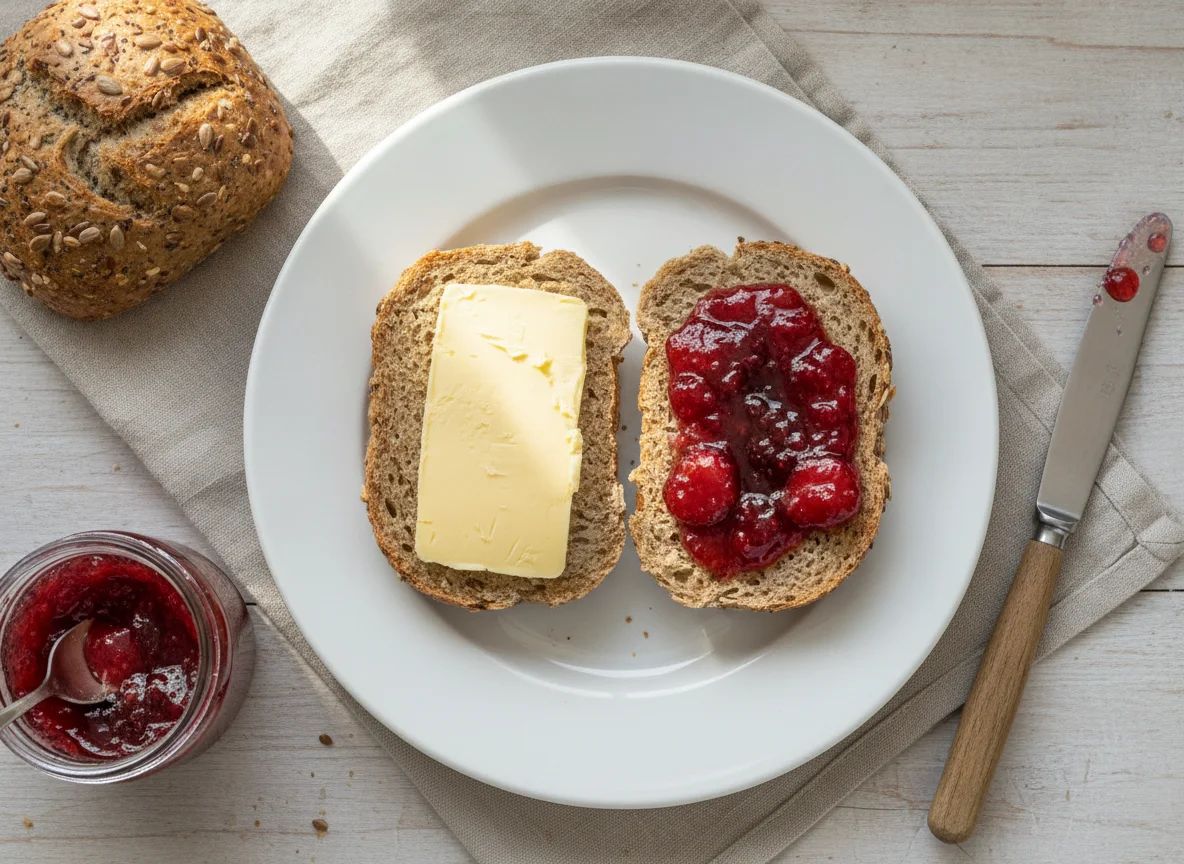 Mehrkornbrötchen mit Butter und Marmelade photo