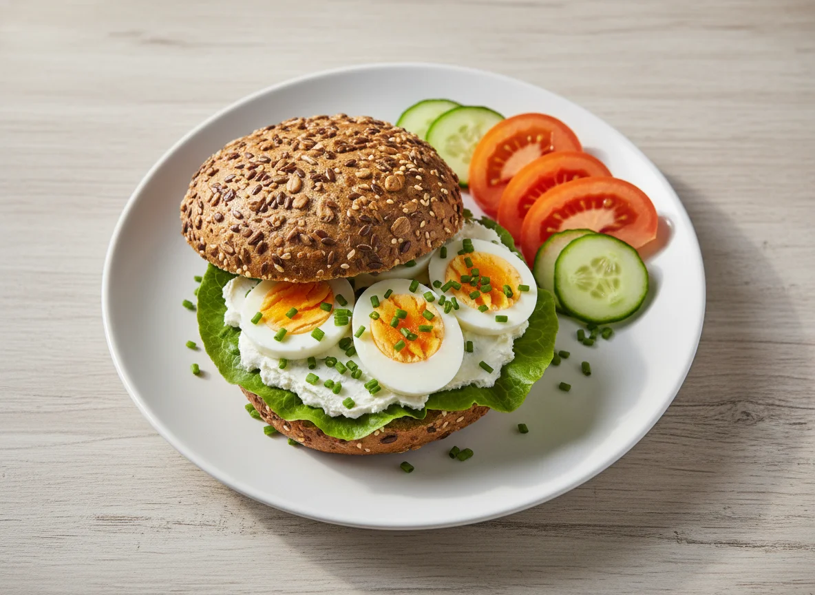 Mehrkornbrötchen mit Ei und Gemüse photo