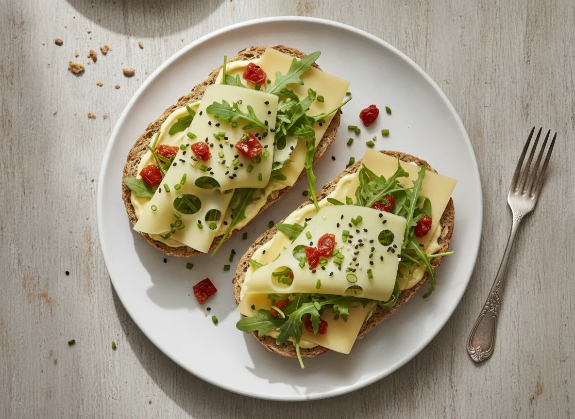Mehrkornbrötchen mit Käse und Rucola photo