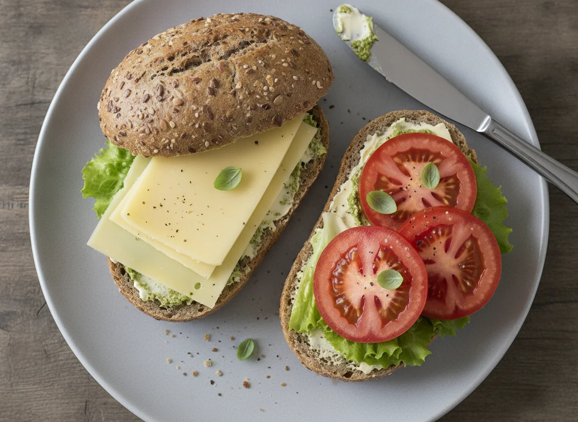 Mehrkornbrötchen mit Käse und Tomate photo