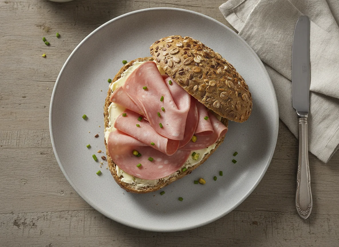 Mehrkornbrötchen mit Mortadella photo
