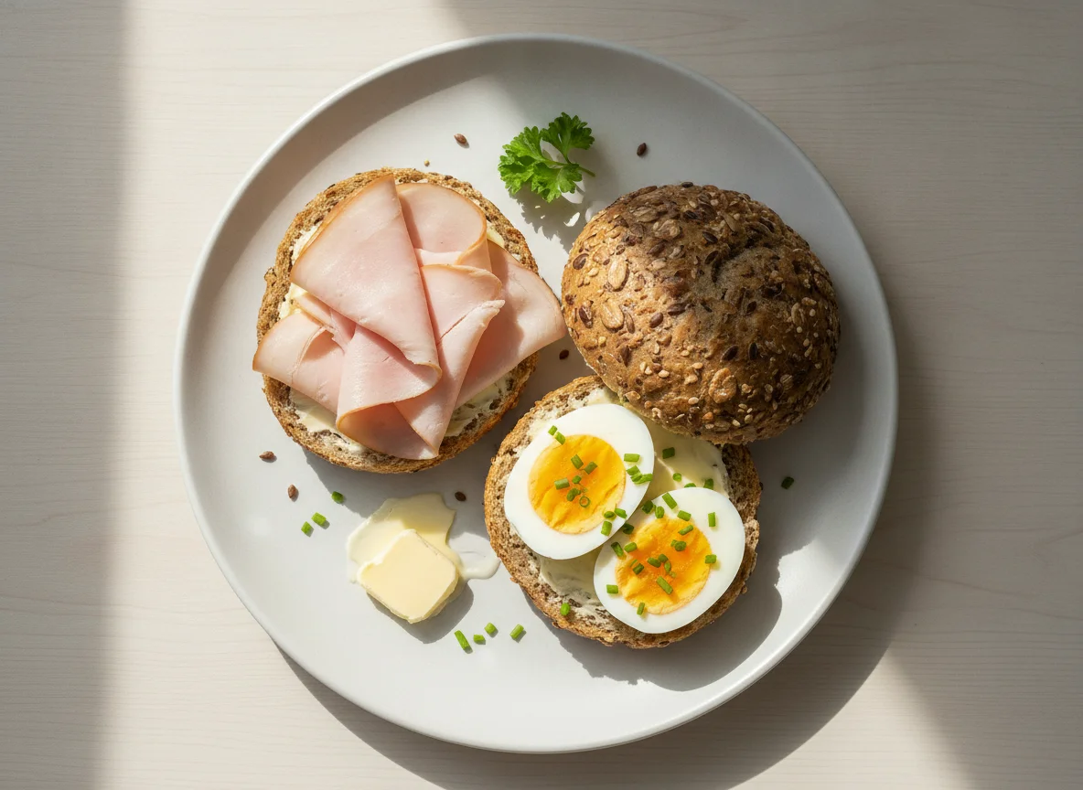 Mehrkornbrötchen mit Putenbrust und Ei photo