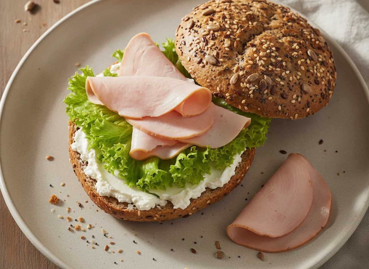 Mehrkornbrötchen mit Putenbrust und Frischkäse photo