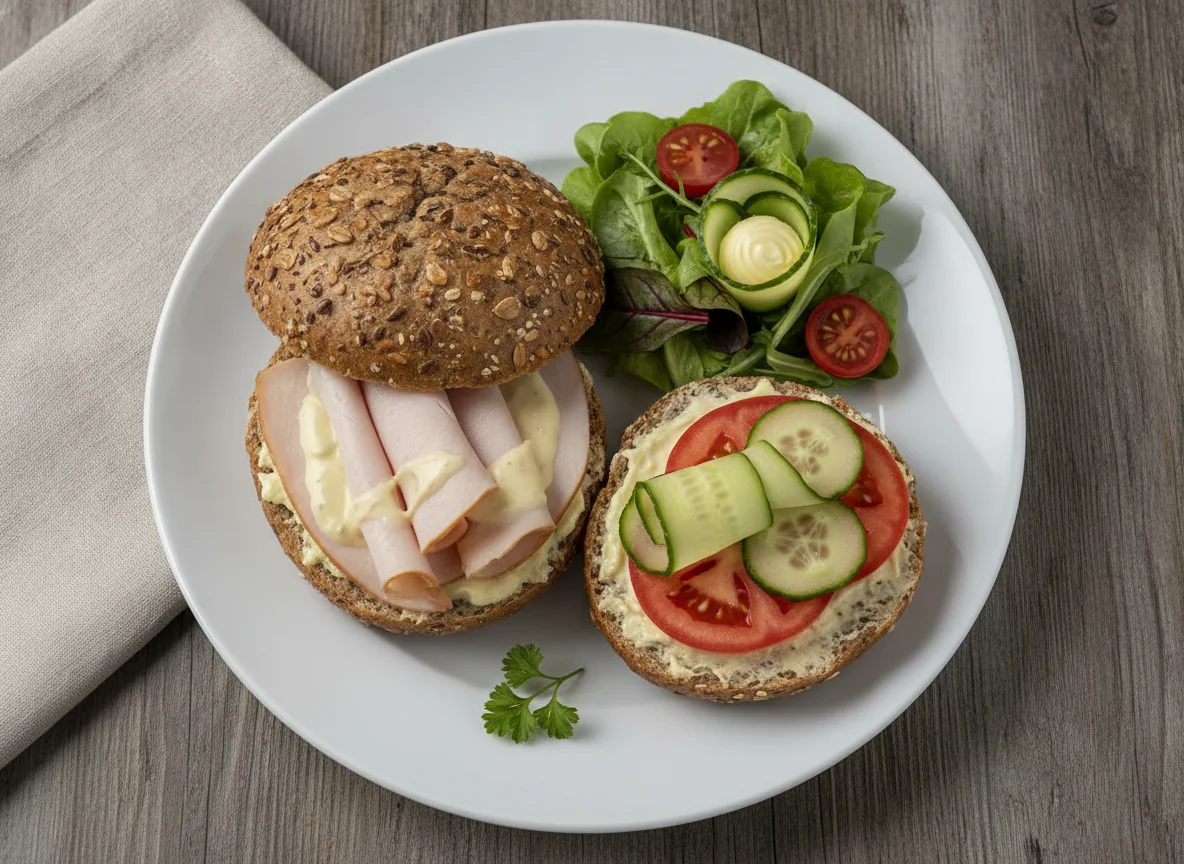 Mehrkornbrötchen mit Putenbrust und Gemüse photo