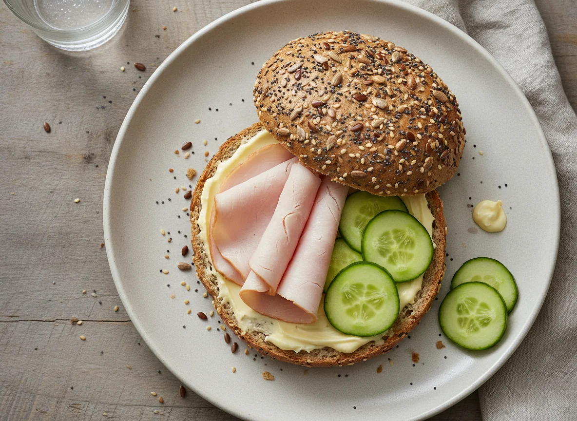 Mehrkornbrötchen mit Putenbrust und Gurke photo