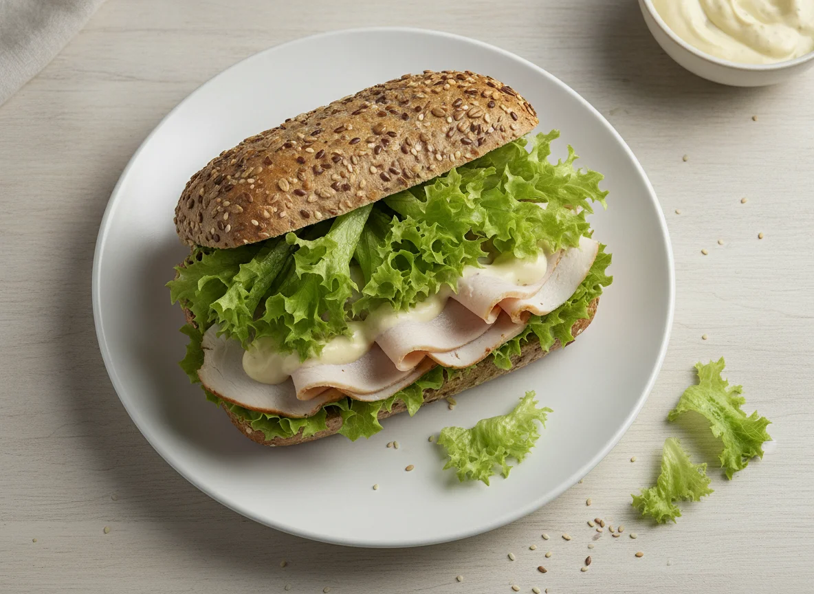 Mehrkornbrötchen mit Putenbrust und Salat photo
