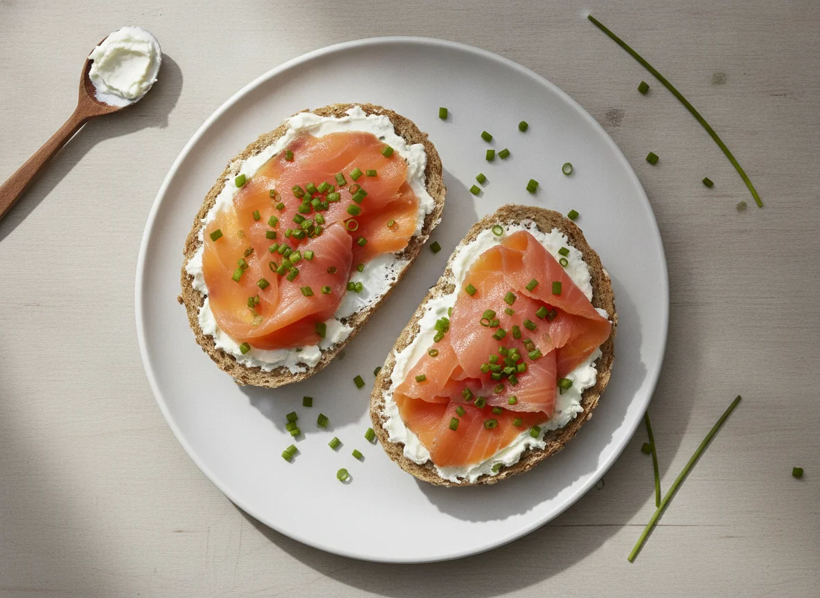 Mehrkornbrötchen mit Räucherlachs und Frischkäse photo