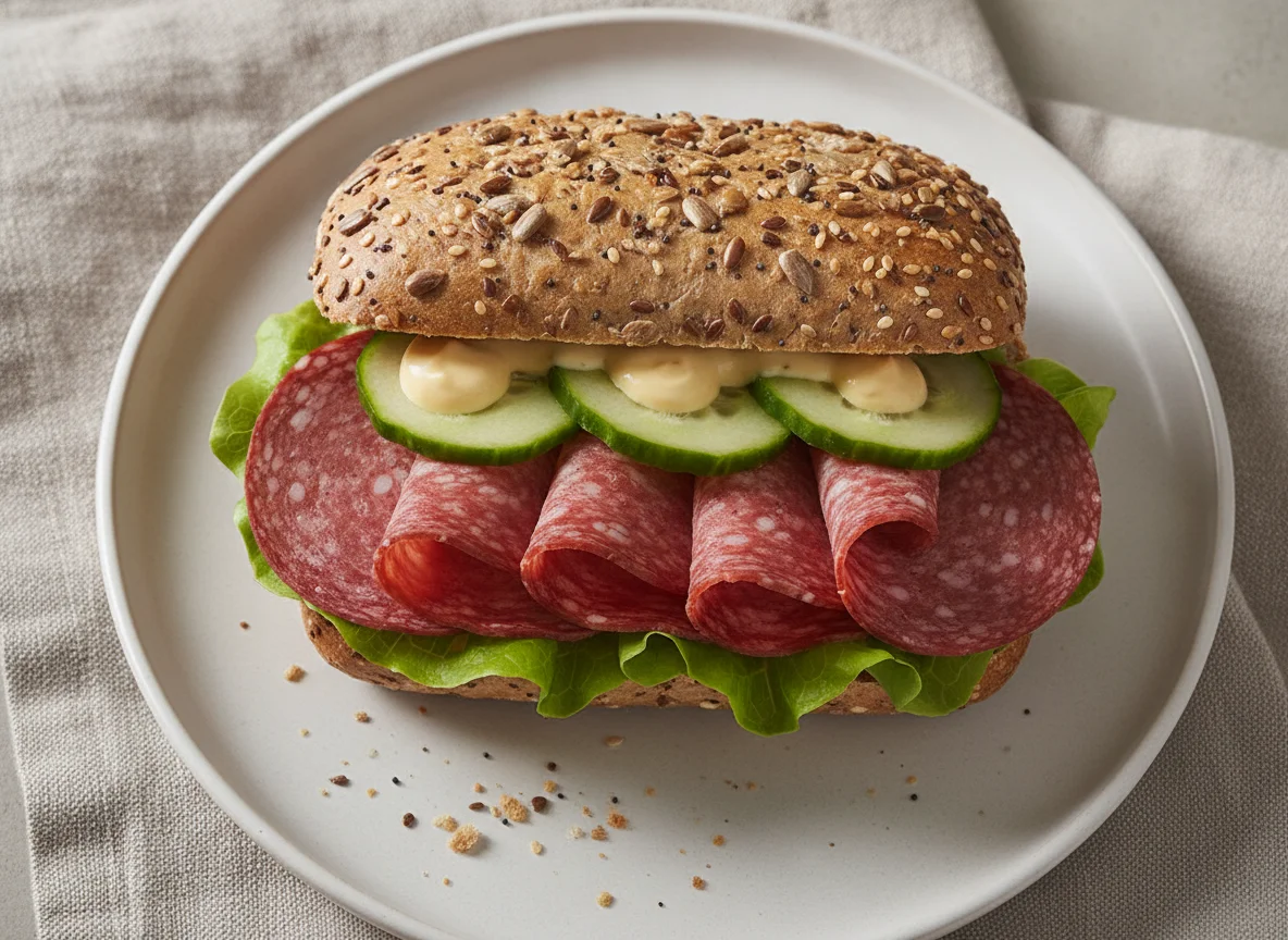 Mehrkornbrötchen mit Salami und Salat photo