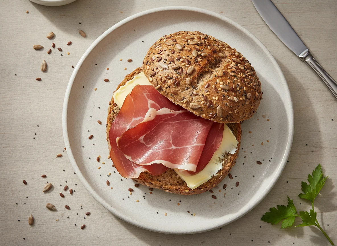 Mehrkornbrötchen mit Schinken photo