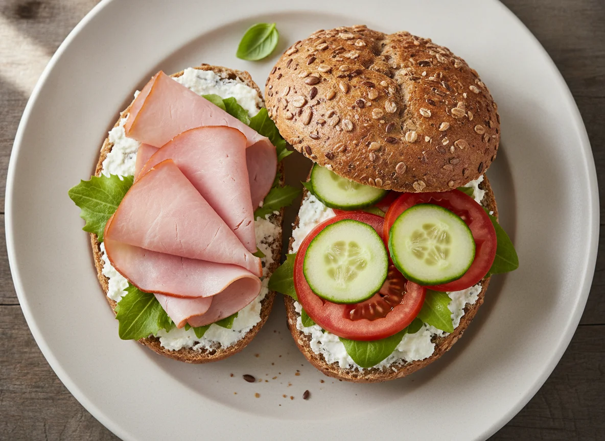 Mehrkornbrötchen mit Schinken und Gemüse photo
