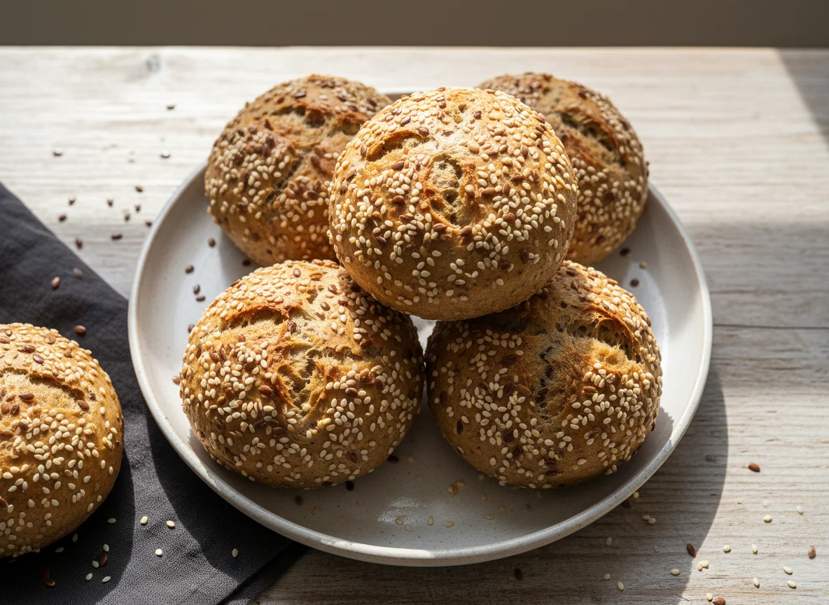 Mehrkornbrötchen mit Sesam und Leinsamen photo