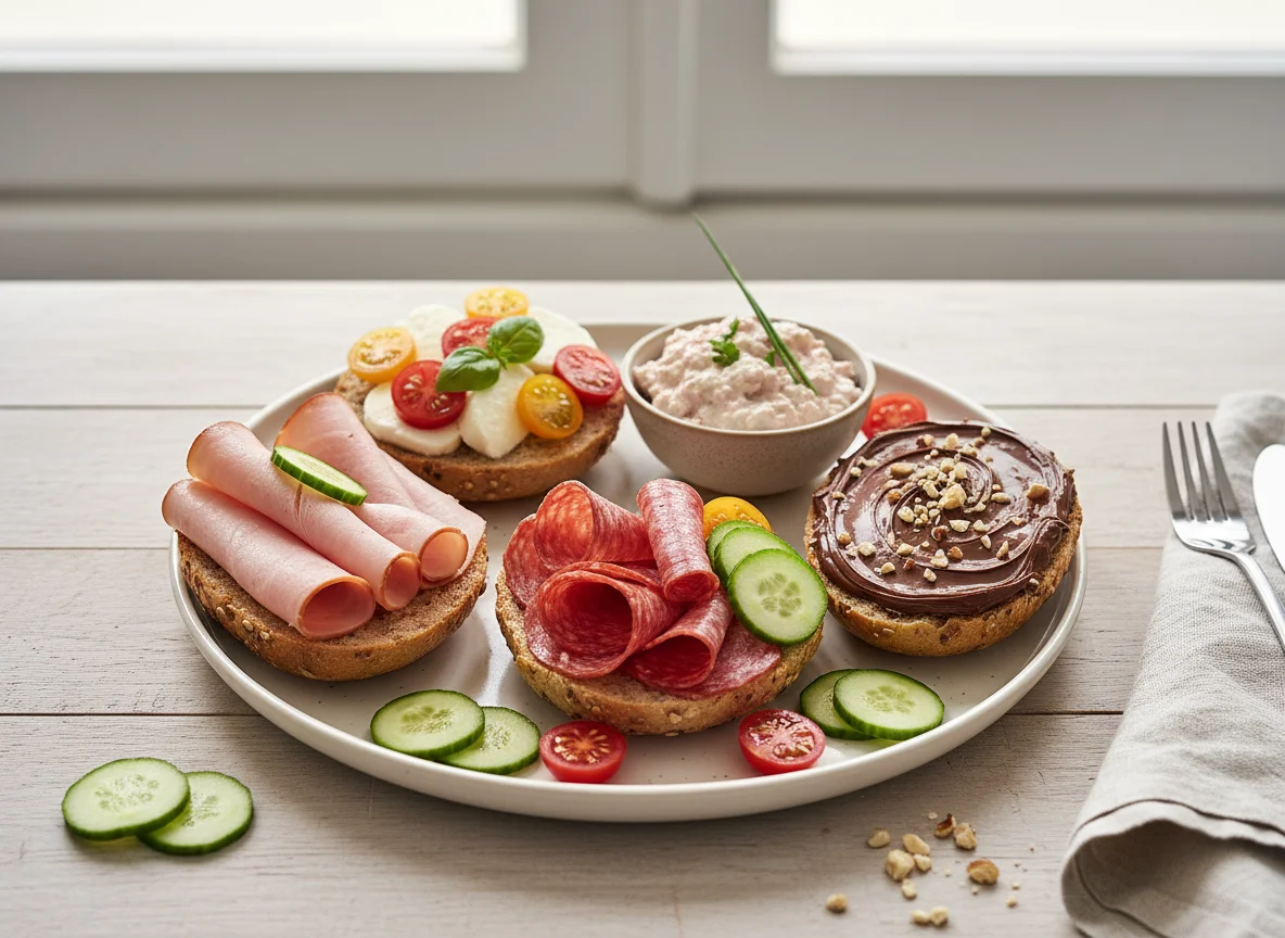 Mehrkornbrötchen mit verschiedenen Belägen und Gurke photo