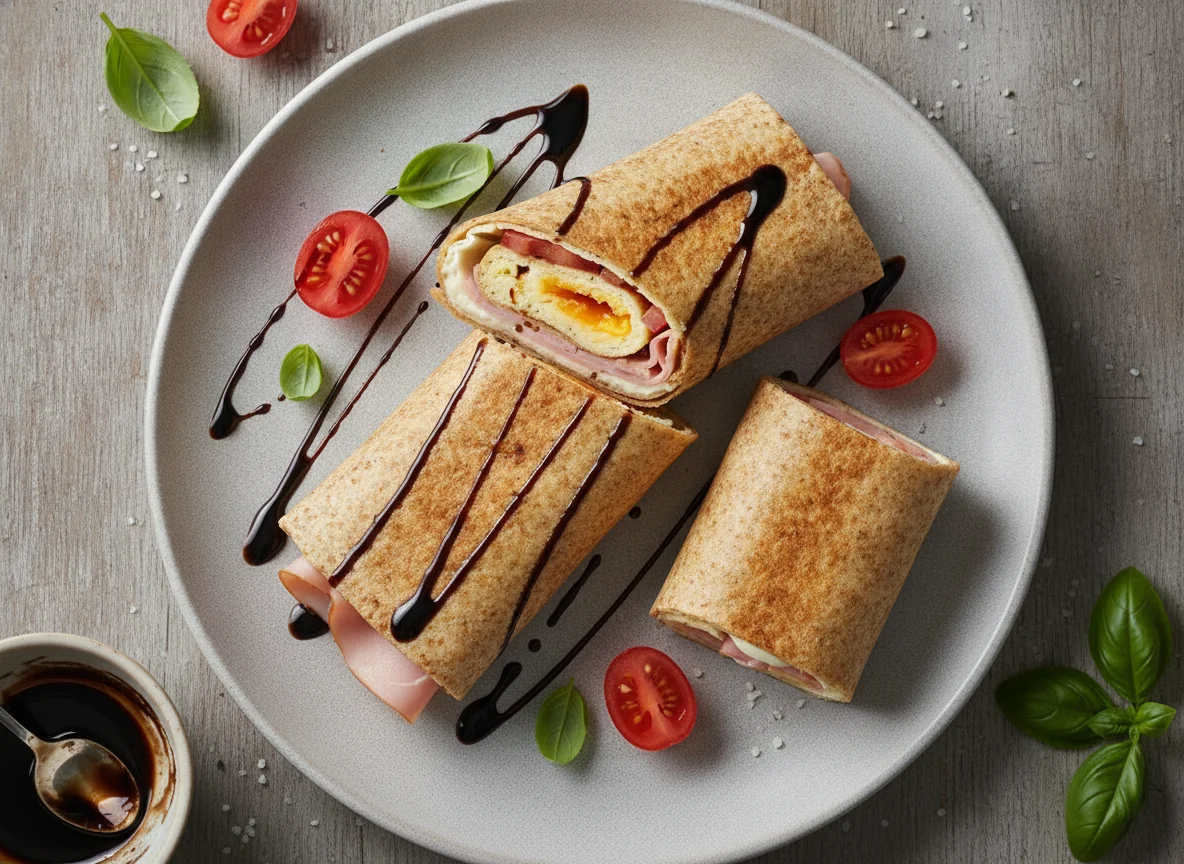 Mehrkornwrap mit Omelett, Tomaten und Balsamico-Creme photo