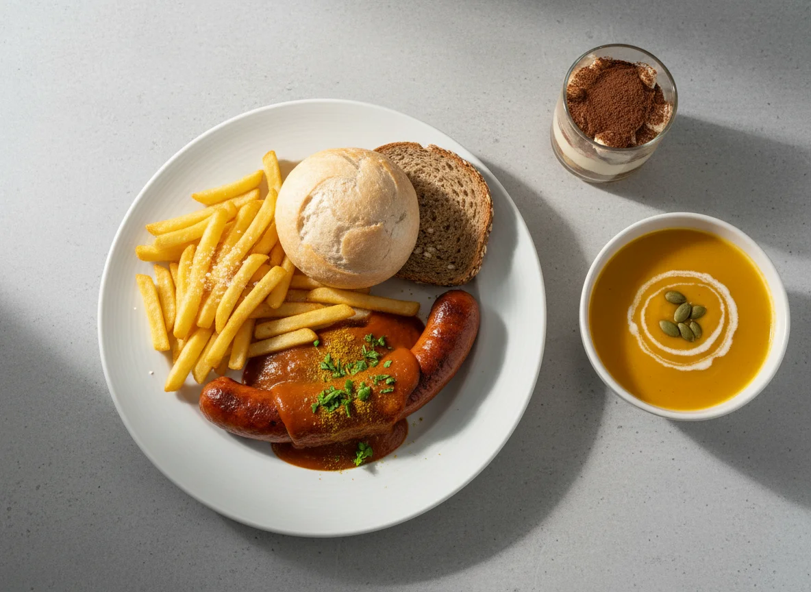 Mensa-Mahlzeit mit Currywurst, Pommes und Suppe photo
