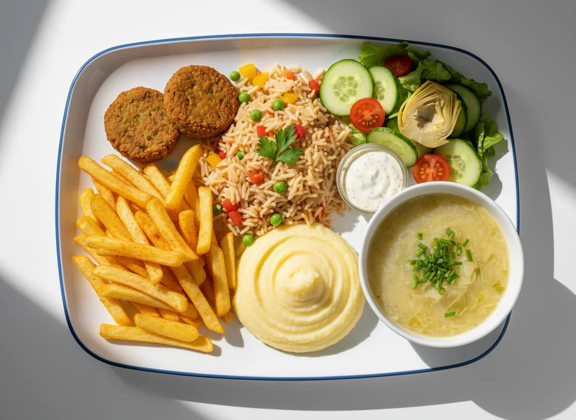 Mensa-Mahlzeit mit Falafel, Reis und Pommes photo