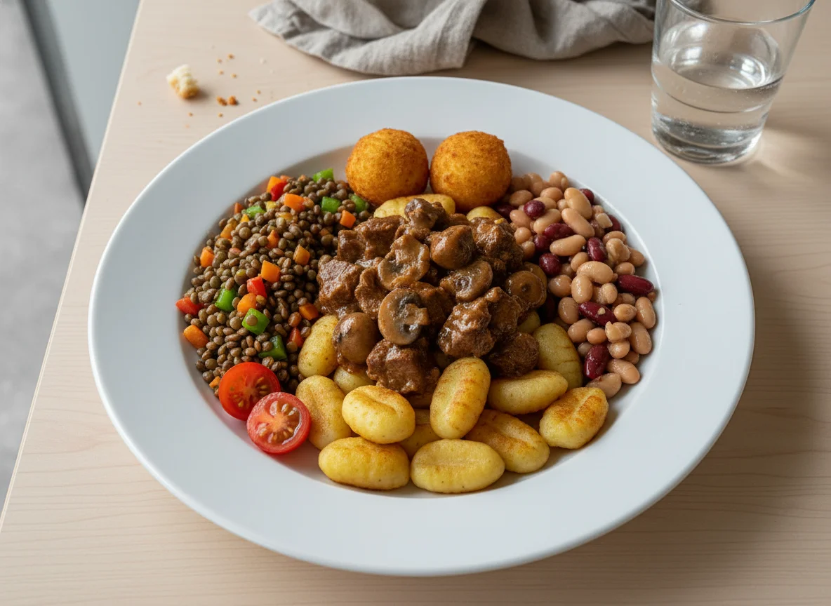Mensa-Mahlzeit mit Fleisch, Gnocchi und Salaten photo
