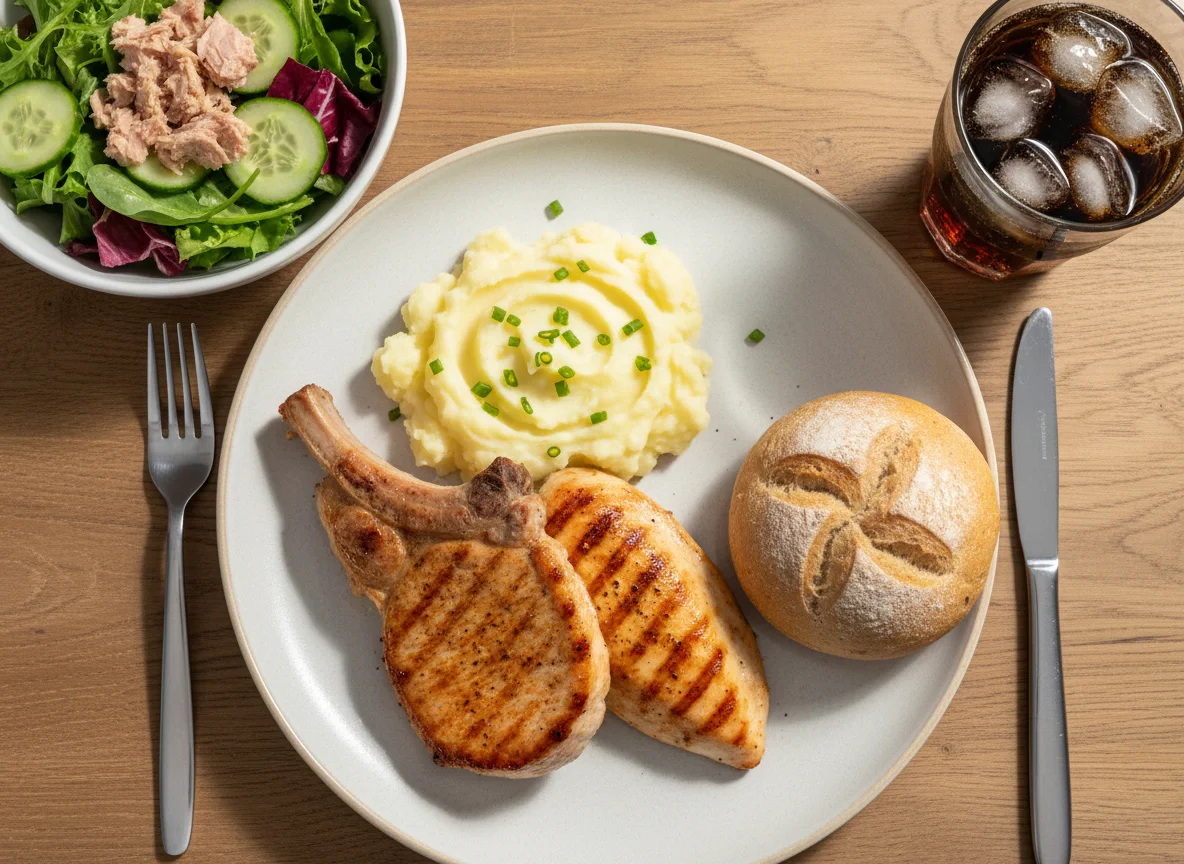 Mensa-Mahlzeit mit Fleisch, Kartoffelpüree und Salat photo