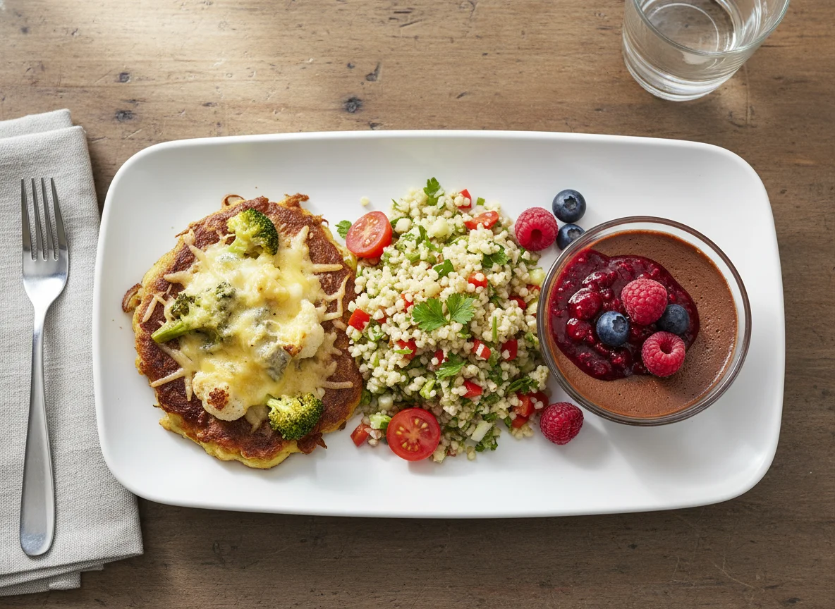 Mensa-Mahlzeit mit Gemüsepfannkuchen, Bulgursalat und Dessert photo