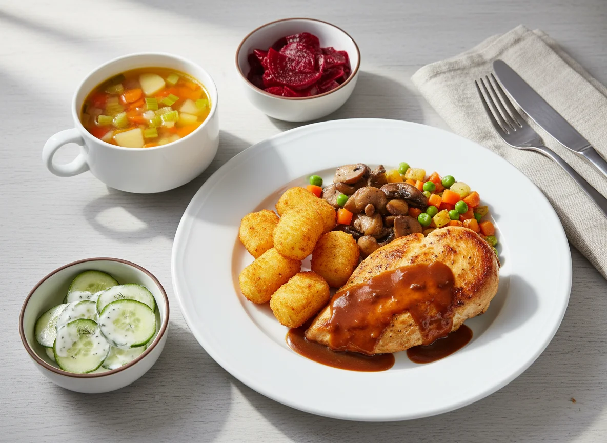 Mensa-Mahlzeit mit Hähnchenbrust und Beilagen photo