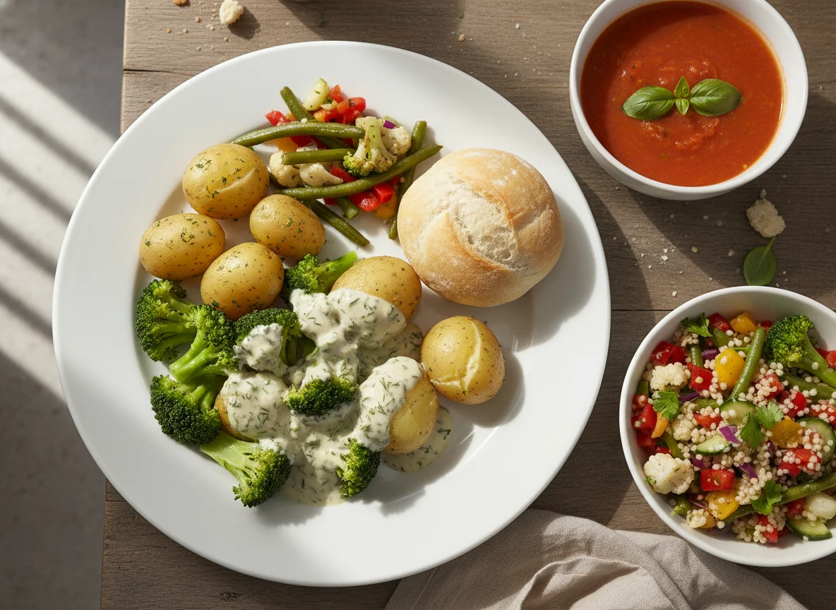 Mensa-Mahlzeit mit Kartoffeln, Brokkoli und Beilagen photo