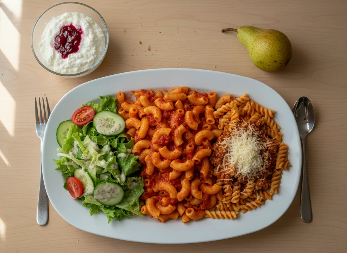 Mensa-Mahlzeit mit Pasta und Beilagen photo
