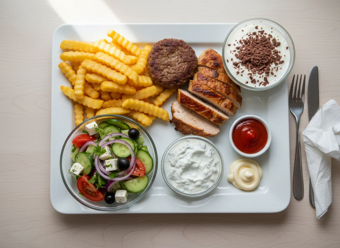 Mensa-Mahlzeit mit Pommes, Fleisch, Salat und Saucen photo