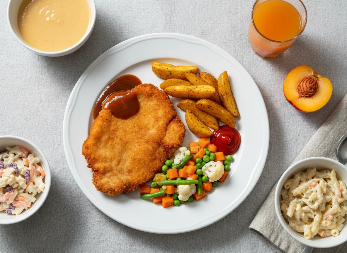 Mensa-Mahlzeit mit Schnitzel und Beilagen photo