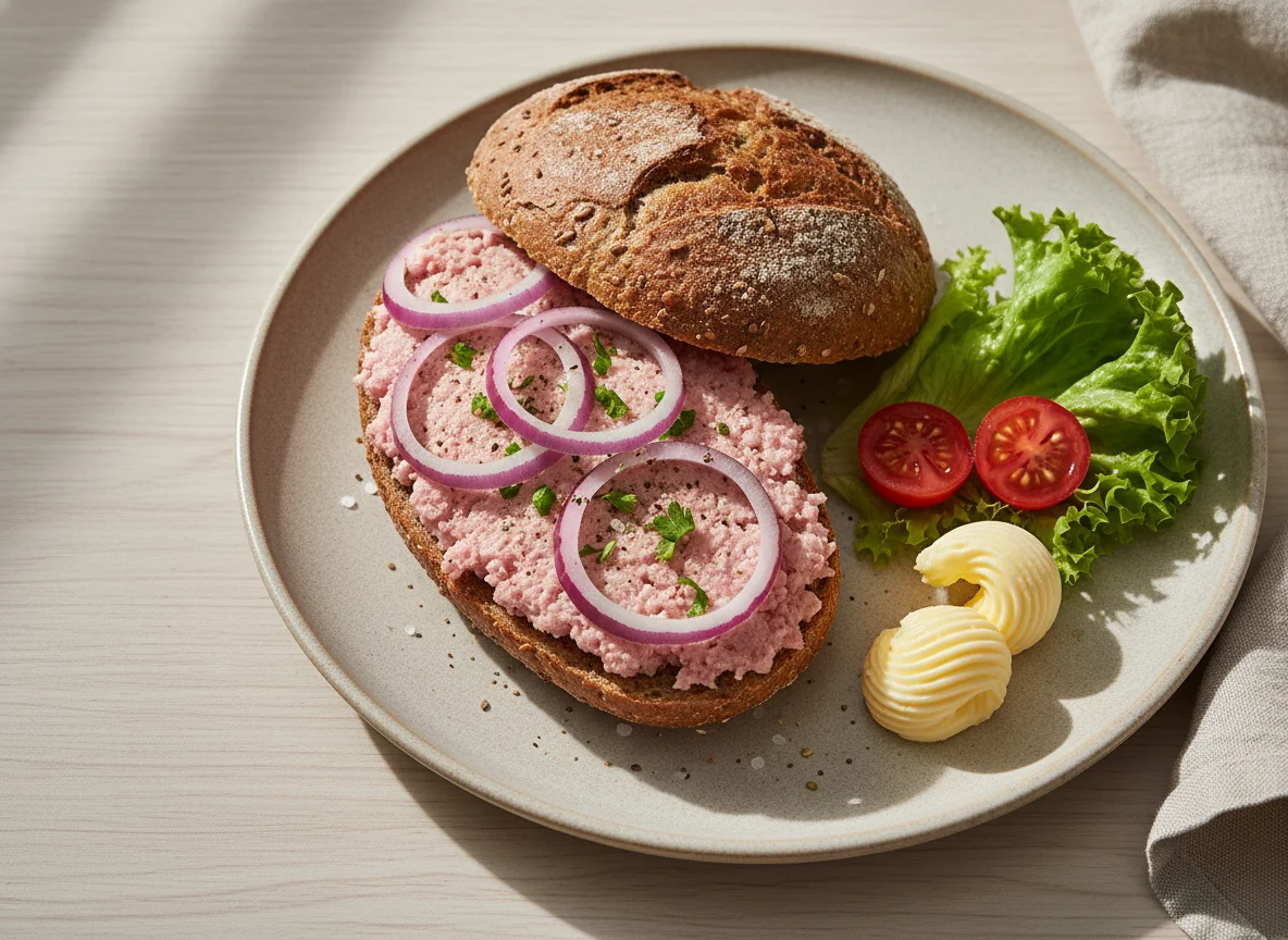 Mettbrötchen mit Beilagen photo