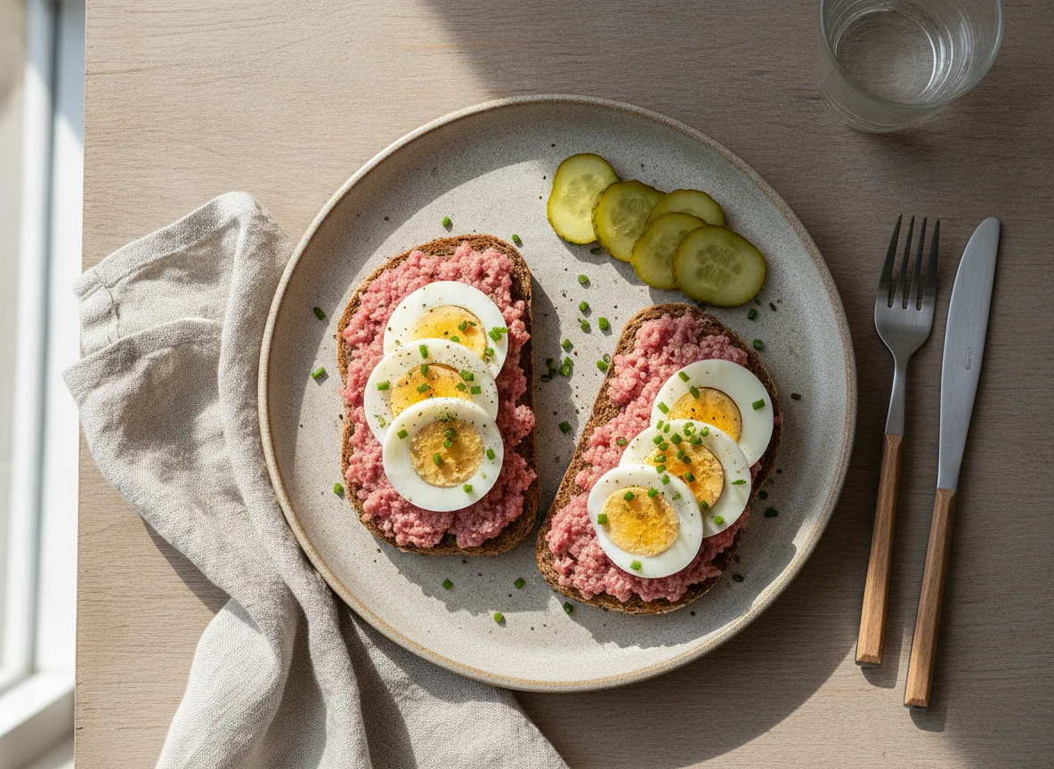 Mettbrötchen mit Ei und Gurke photo