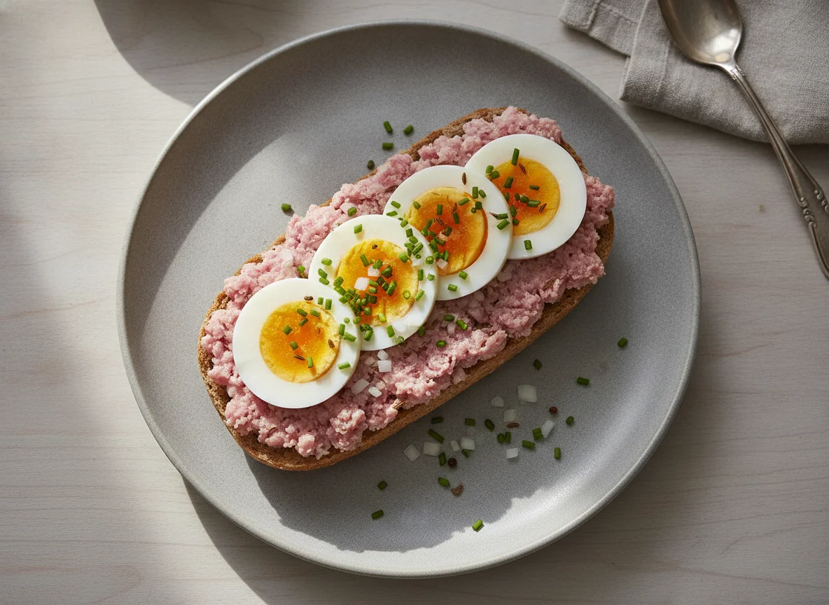 Mettbrötchen mit gekochtem Ei photo