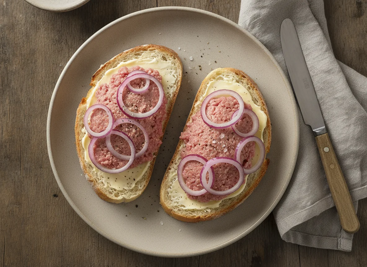 Mettbrötchen mit roten Zwiebeln photo