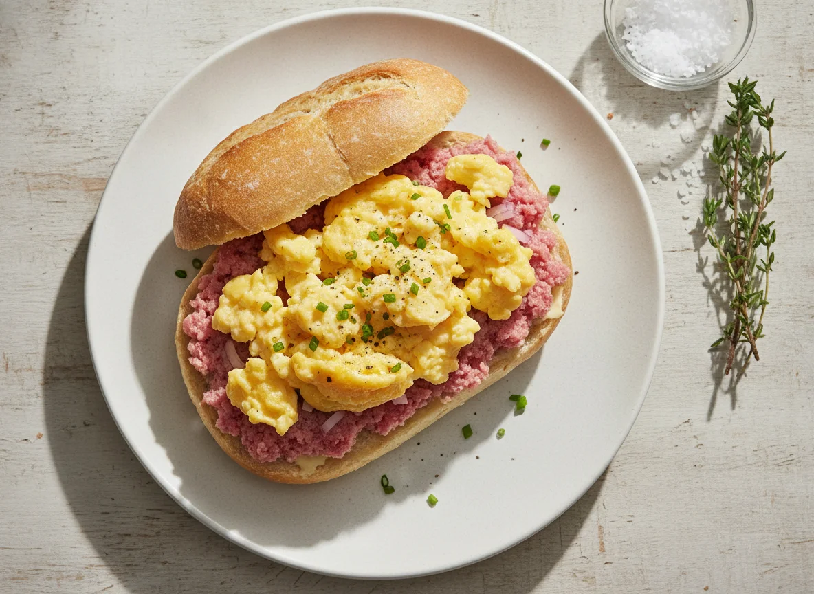Mettbrötchen mit Rührei photo