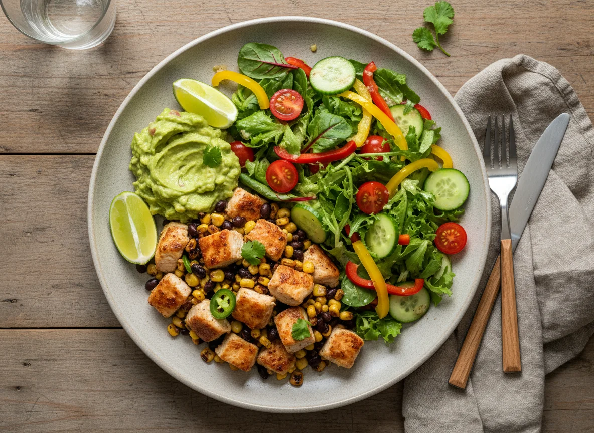 Mexikanisch inspirierte Hähnchenpfanne mit Salat photo