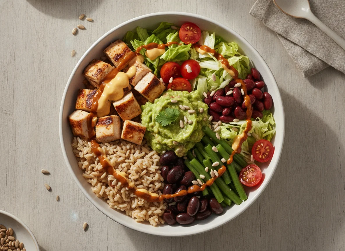 Mexikanische Bowl mit Hähnchen und Guacamole photo
