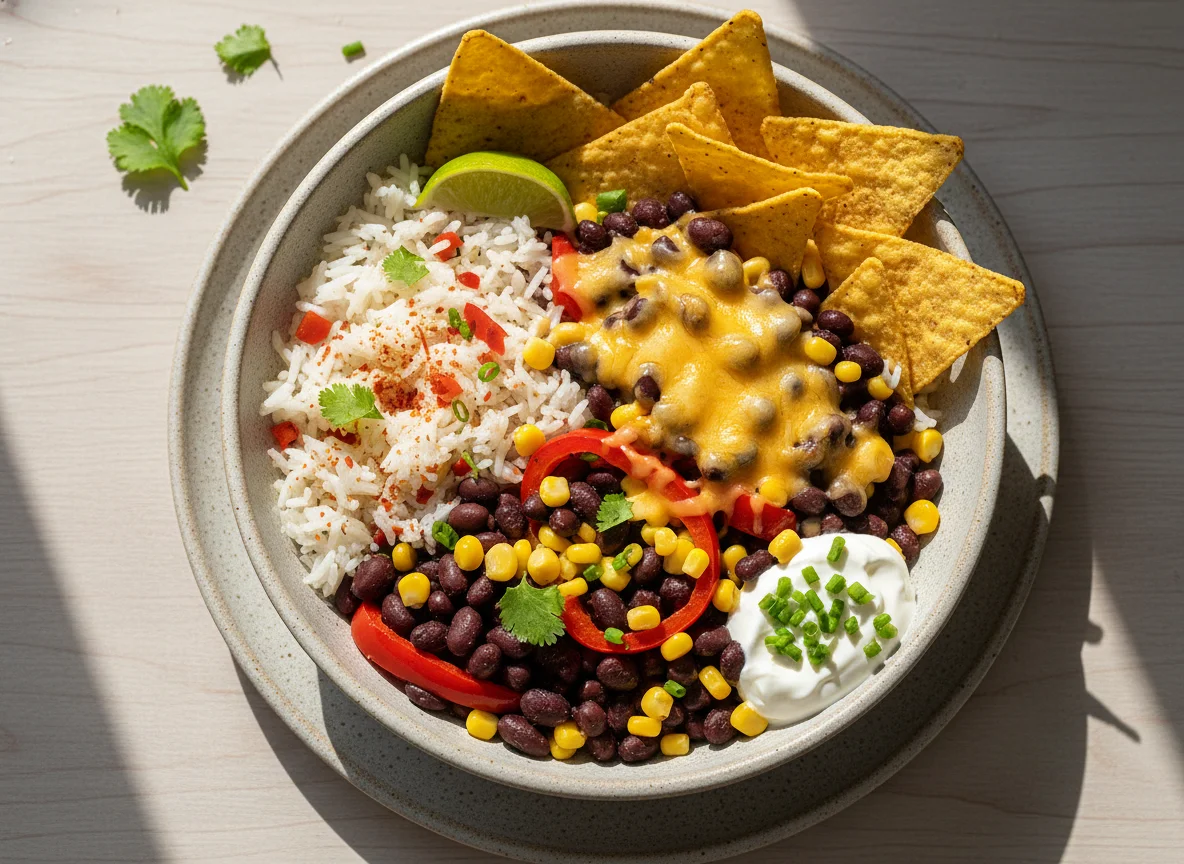 Mexikanische Reis-Bowl mit Nachos photo