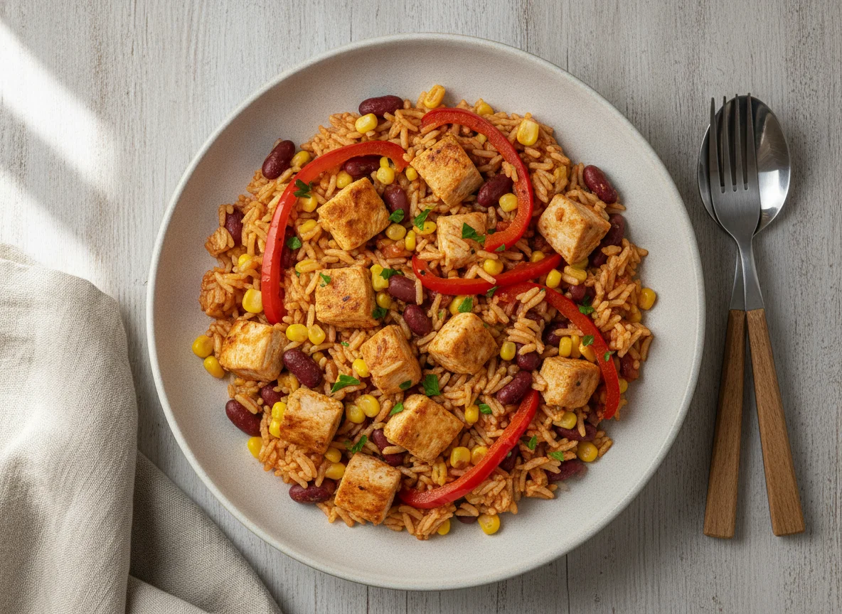 Mexikanische Reispfanne mit Hähnchen photo